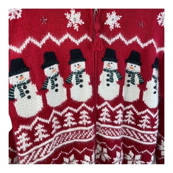 Vintage Croft & Barrow Hand Knit Zip Front Snowmen Holiday Red Cardigan Sz S - Picture 2 of 11